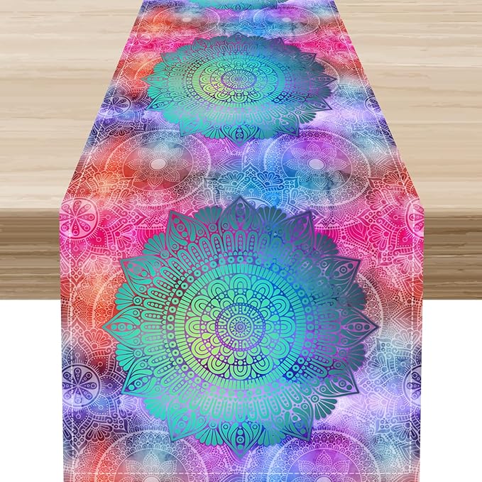 Bohemian Flroal Table Runner, Vintage Colorful Pink Boho Geometric Mandala Flower Paisley Rustic Coffee Table Center Decor for Family Kitchen and Living Room Outdoor Table Decorations, 13"x90"