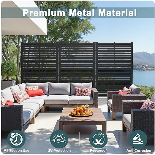 Casaphoria Metal Privacy Screen Outdoor, 72" H x 47" W Freestanding Decorative Privacy Screen for Patio Deck Balcony Garden with Stable Base, Black-Benjamin