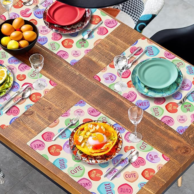 Valentine Pink Love Heart Candy Placemats Set of 4 Valentines Seasonal Table Mats Resistant Washable Dinner Mats for Outdoor Home Party Kitchen Dining 12x18 Inch