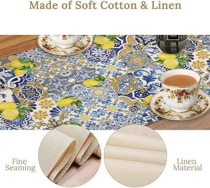 Farmhouse Rustic Lemon Table Runner,Vintage Morocco Blue Tiles Mediterranean Summer Fruit Print Table Runner for Kitchen Dining Table Home Party Decor 13x90in