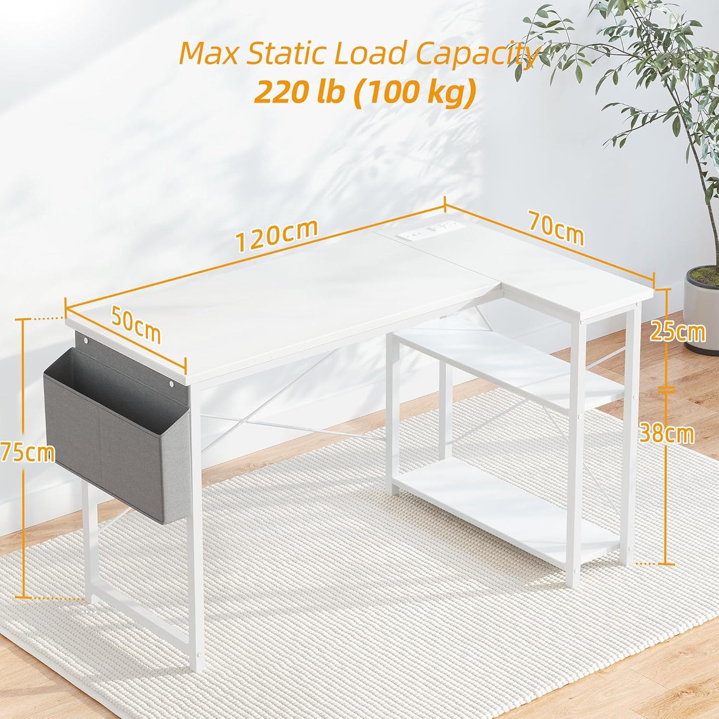 TIQLAB L Shaped Computer Desk with Power Outlets, 47 Inch Small Corner Desk with Reversible Shelves, Gaming Desk Computer Table Study Writing Desk for Home Office Small Space, White
