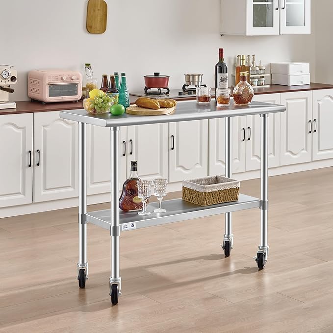 ROCKPOINT Stainless Steel Table for Prep & Work with Caster Wheels 18x48 Inches, NSF Metal Commercial Kitchen Heavy Duty Table with Adjustable Under Shelf and Table Foot for Restaurant, Home and Hotel
