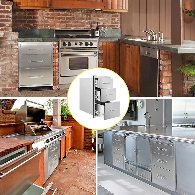 Outdoor Kitchen Drawers 20" W x 27" H x 23" D Flush Mount Triple BBQ Drawers with Chrome Handle Stainless Steel Drawer for Outdoor Kitchen Island, Patio Grill Station