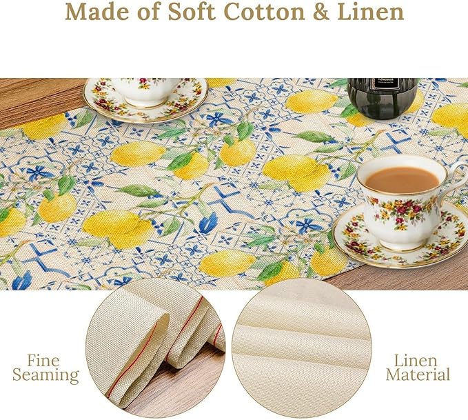 Lemon Table Runner, Summer Fruit Vintage Morocco Blue Tiles Table Runners for Farmhouse Coffee Home Kitchen Dining Party Patio Outdoor 13x108in