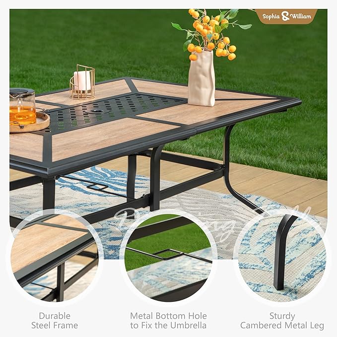 Sophia & William Patio Dining Sets Outdoor Dining Set for 6 Patio Table and Chairs Set 7 Pieces with Swivel Patio Chairs, 61"x 38" Wood Like Metal Table for Garden Pool All Weather Blue