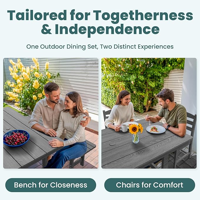 Pamapic 6 PCS Outdoor Dining Set, Spacious HDPE Outdoor Table with 4 Chairs and 1 Bench, Wood Grain Patio Furniture Sets with Elegant Armrest, All-Weather Patio Dining Table with Umbrella Hole, Gray