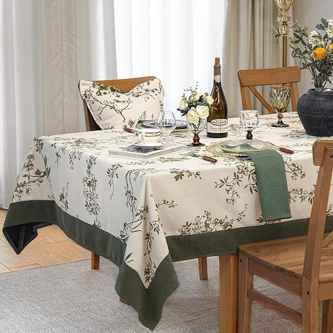 Spring Rectangle Tablecloth, French Jacquard Green Table Cloth, Vintage Floral Country Table Cover for Dining, Farmhouse, Outdoor - 54''x72''