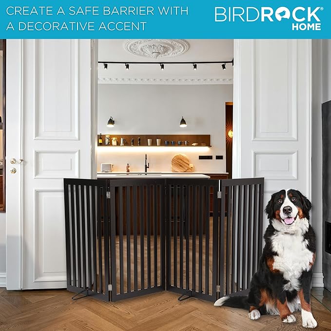 INTERNET'S BEST Dog Gate with Support Feet, Indoor Freestanding Pet Barrier, Folding Wood Cat or Dog Fence, Extra Wide Doorway Puppy Gates, 4 Panel - 36", Espresso
