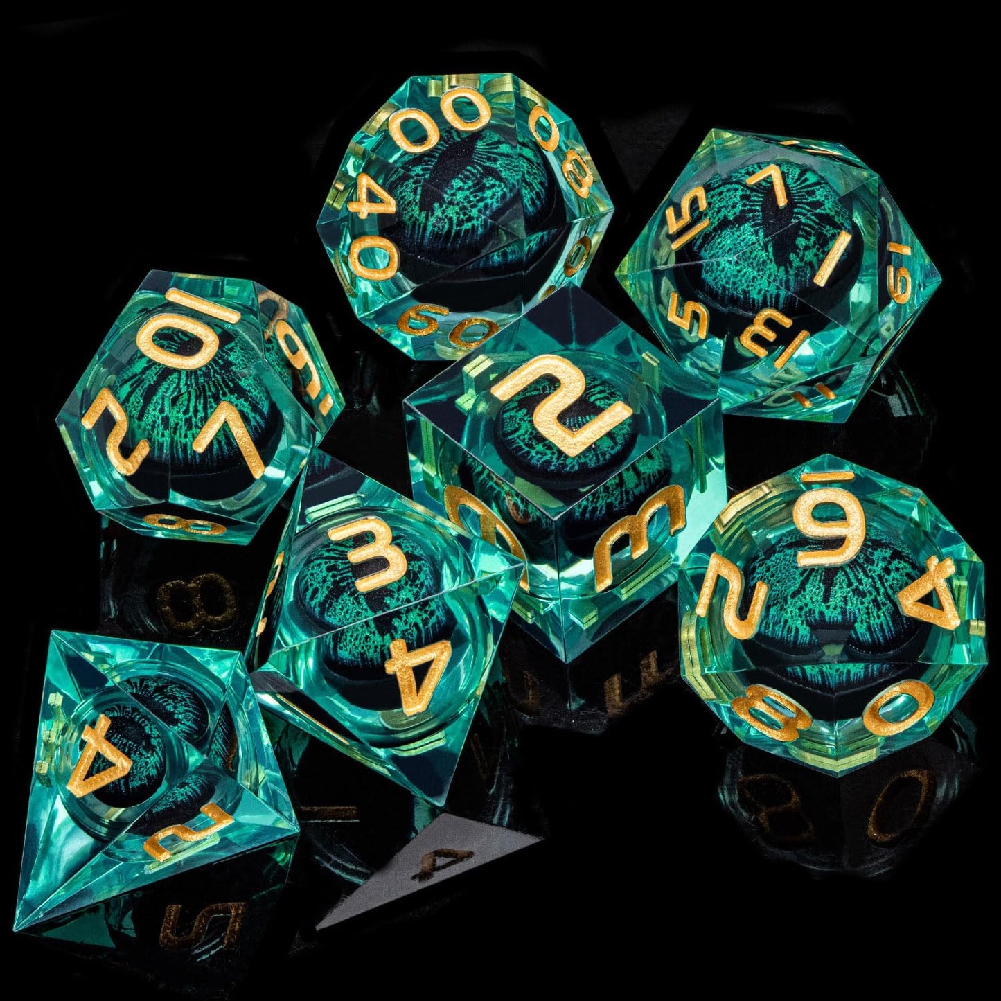 ARUOHHA Dragon Eye Dice Liquid Core DND Dice Green Sharp Edged Dice Set with Gift Box, Polyhedral D and D Dice Set Role Playing Game D20 D12 D10 D8 D6 D4