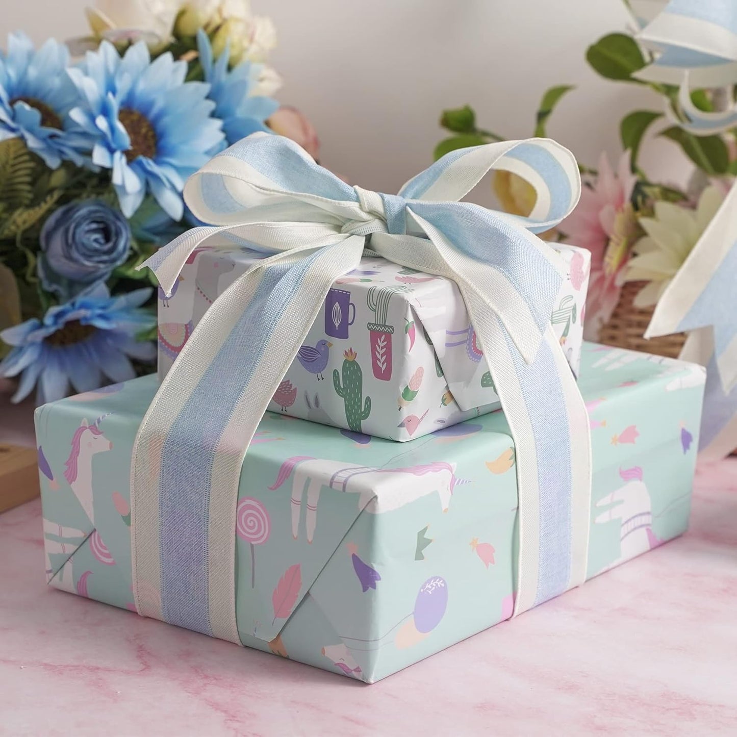 MEEDEE Blue and White Stripe Ribbon Wired Ribbon 2.5 Inch Light Blue Burlap Ribbon with Ivory Stripe Edge Wreath Supplies, Baby Shower Decorations, Crafts Bow Making (10 Yards)