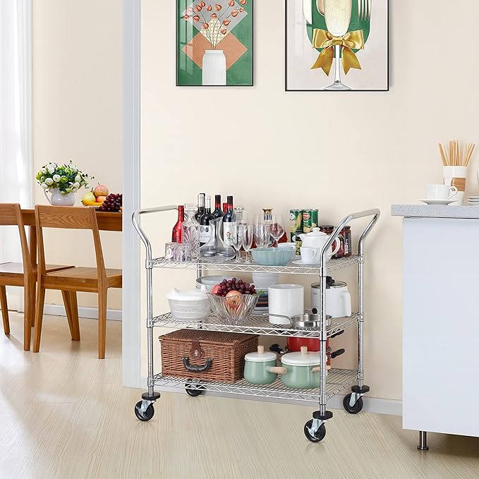 Finnhomy 3-Tier Commercial Grade Rolling Cart, Heavy Duty Utility Cart with Wheels and Handles, Metal Kitchen Carts on Wheels with 500 lbs Capacity, Shelf Size 20" D x 36" W, NSF