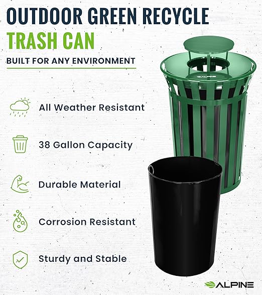 Alpine Commercial Outdoor Trash Can - 38 Gallon Heavy Duty Green Recycle Garbage Can with Liner, Flat Lid and Rain Bonnet Lid, All Weather Resistant Large Outside Trash Can for Parks, Parking, School