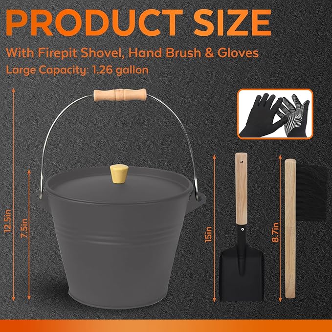 Small Ash Bucket with Lid and Shovel, Metal Fireplace Ash Bucket with Broom, Complete Fireplace Tools Set for Wood Stove and Fireplace, Gray