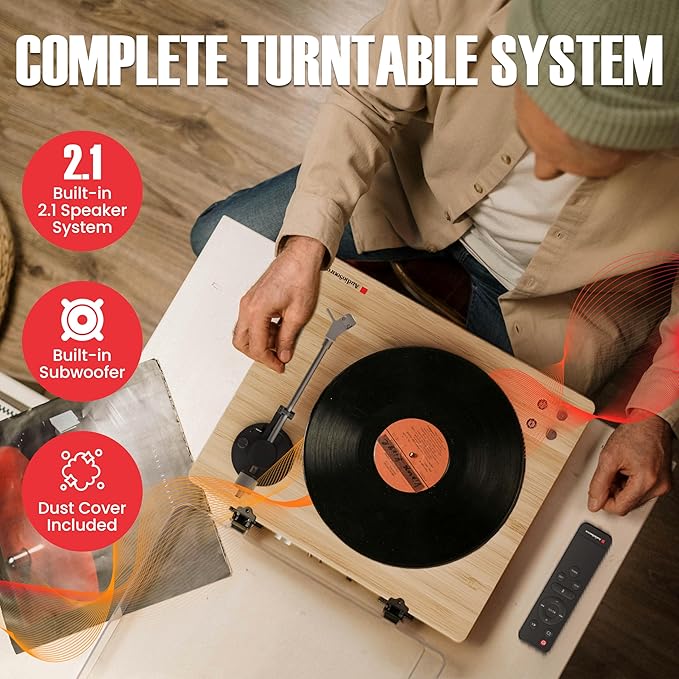 AudioSource Vinyl Record Player, Bluetooth Turntable with 2.1 Channel Speaker, 120W, Built-in Subwoofer, High Fidelity 2-Speed Belt Drive, Patented Speaker Isolation Design, AT33