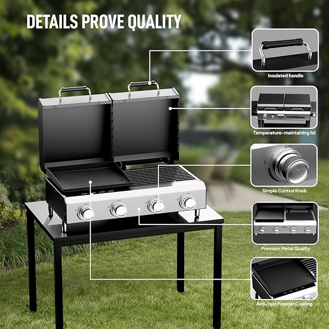 Bonnlo 4 Burners Gas Flat Top Grill and Griddle Combo with Lid, Powerful 40,000 BTU Grills with Integrated Ignition & Heat-resistant coating, Camping Grill with Simple Control Knob for Outdoor BBQ Use