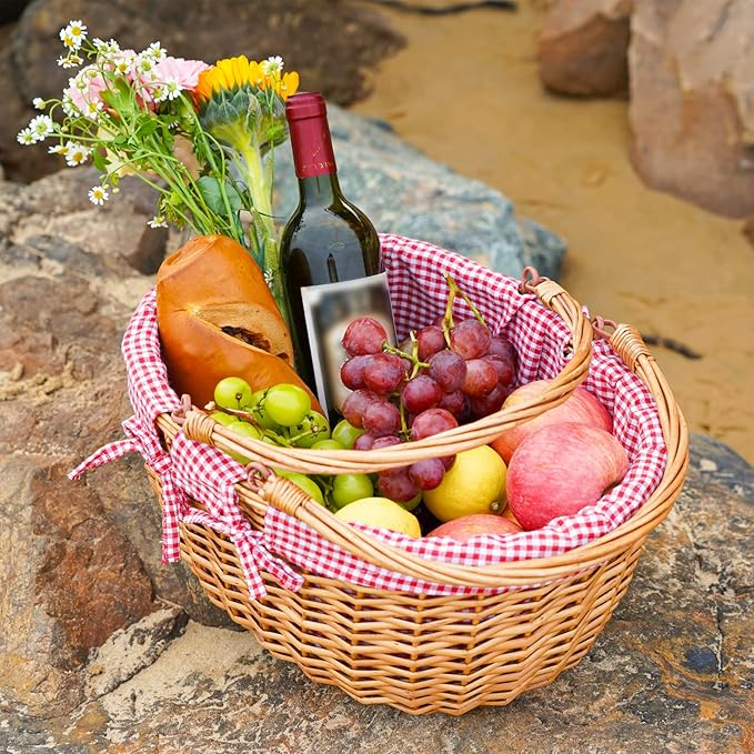G GOOD GAIN Wicker Picnic Basket with Double Folding Handles,Willow Picnic Hamper,Natural Hand Woven Easter Basket,Easter Eggs and Candy Basket,Bath Storage,Gift Packing Basket.Red