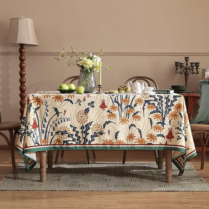 French Vintage Square Tablecloth,Linen Tablecloth with Gold and Red Floral Pattern,Decorative Table Cover for Kitchen,Dining,Thanksgiving,Tea Party,Living Room,67" × 67"-Tijuana