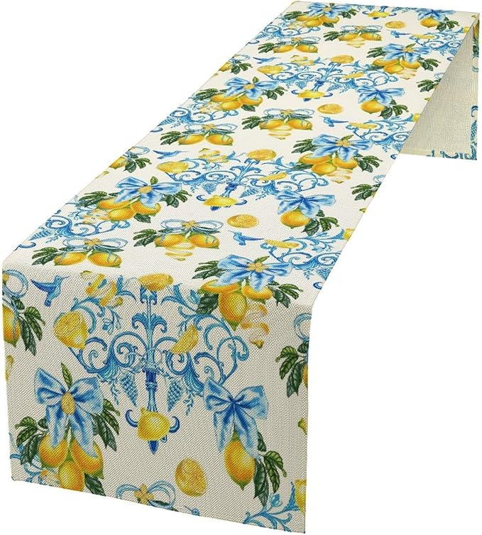 Lemon Table Runner, Summer Hummingbirds Flower Bows Print Table Runner for Farmhouse Coffee Home Kitchen Dining Outdoor Party 13x90in