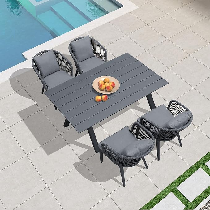 PURPLE LEAF 5 Pieces Patio Dining Set Wicker Outdoor Furniture Rectangular Table and Chairs Set for Garden Deck Aluminum Frame Backyard Kitchen Set, Cushions and Pillows Included Grey
