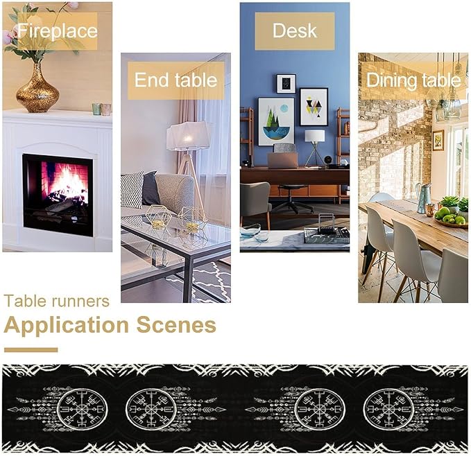 Viking Table Runner, Nordic Ancient Mythical Runes Print Table Runner for Home Dining Kitchen Coffee Table Party 13x70in