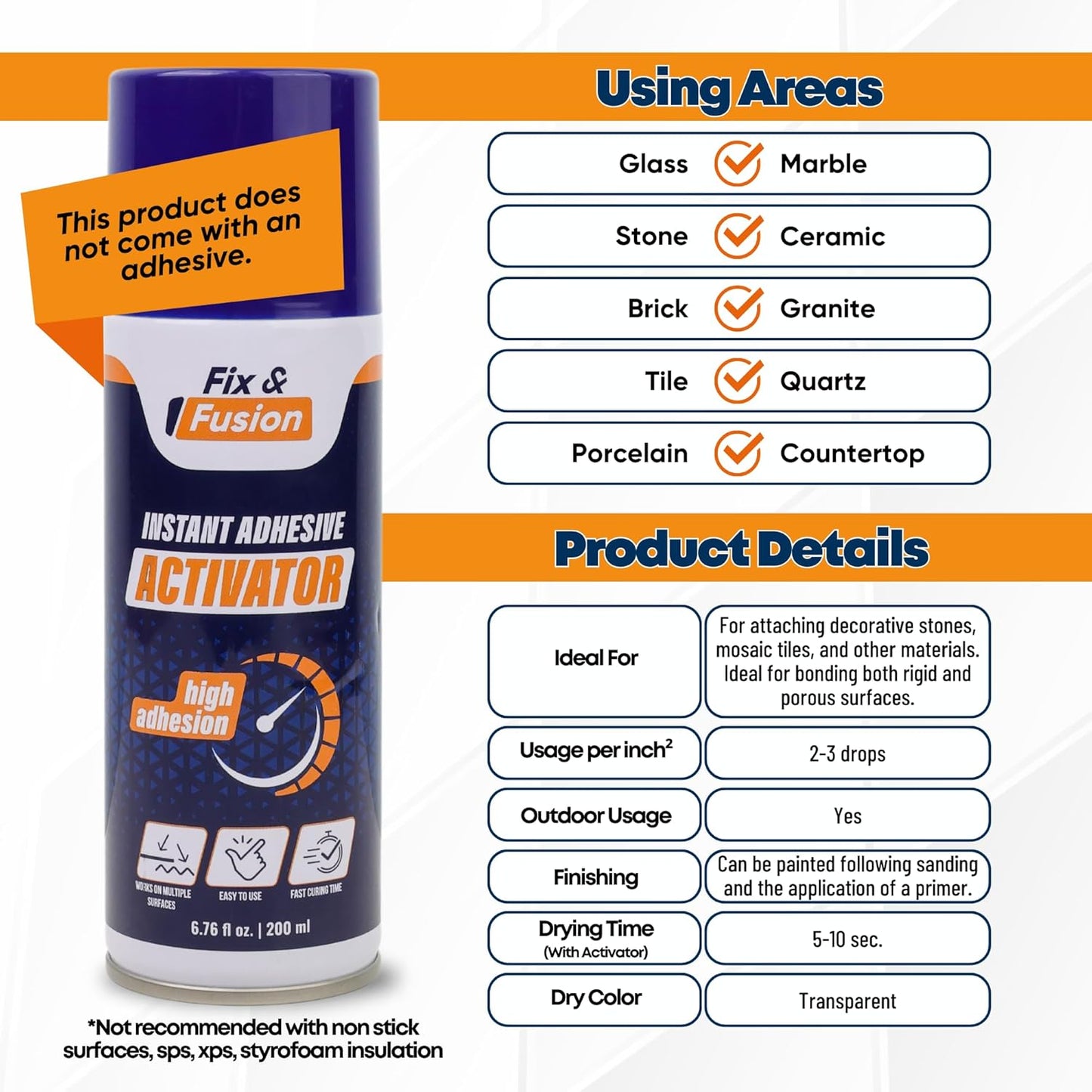 FIX & FUSION Activator Spray (6.76 Fl Oz), Instant Cure Accelerator for Cyanoacrylate (CA) Super Glue for Wood, Plastic, Rubber, Granite, and DIY & Professional, Accelerates Bonding Strength, (6 Pack)