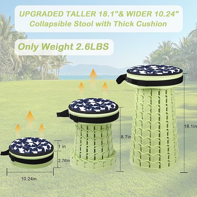 ALEVMOOM Upgraded Collapsible Stool with Thickened Cushion 18.1",600Lbs Max Weight Wider & Taller Pop Up Stool, Heavy Duty Portable Retractable Folding Chair or Travel Foot Rest for Camping & Outdoors
