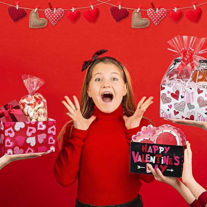 Tatuo 120 Pcs Valentines Day Baskets Gifts Empty Set Includes Valentines Empty Market Tray Cardboard Basket Clear Cellophane Bags Gift Tags Pull Bows for Wedding Holiday Birthday Party Supplies