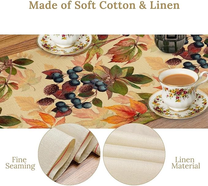 Autumn Leaf Table Runner, Thanksgiving Autumn Harvest Watercolor Black Berry Floral Fruit Leaves Vintage Table Runner for Home Party Picnic Dinner Table Decor, 13x108inch