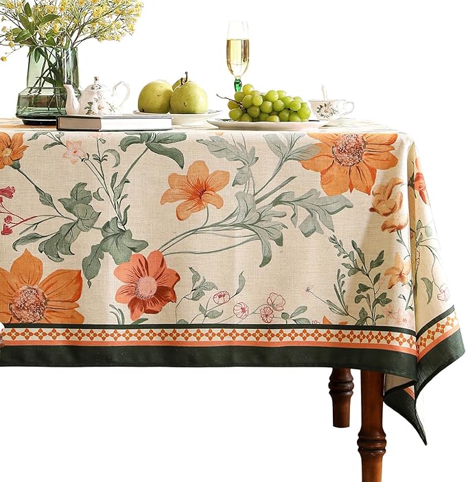 French Tablecloth for Rectangle Table,Linen Orange Floral Wrinkle Resistant Tablecloths,Decorative Table Cover for Kitchen,Dining,Tea Party,Thanksgiving,Christmas,55"*79"-Milch