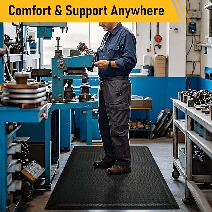 Nisorpa Anti Fatigue Mats Industrial 3' x 6' Ergonomic Standing Mat 15/16" Extra Thick Kitchen Mat for Standing Heavy Duty Commercial Diamond Plate Border Safety Support for Leg & Back Pain, Black