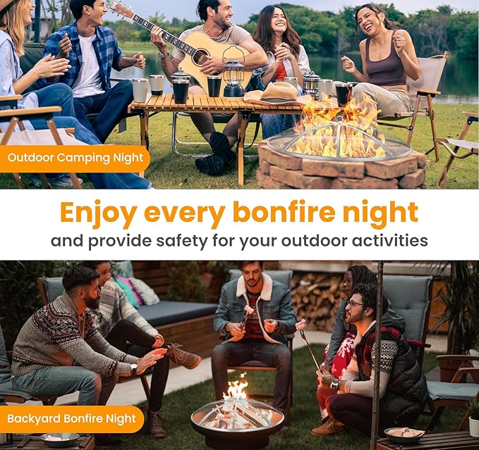 Fire Pit Spark Screen 40 Inch Round, Heavy Duty Stainless Steel Outdoor Fire Pit Screen Cover with Foldable Hook & Marshmallow Sticks, Mesh Spark Protector for Backyard, Camping, Beach