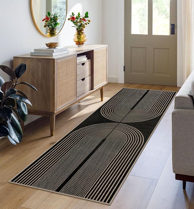Easy Jute Rainbow Runner Rug, 2x6 Black Washable Rugs Runner for Hallway Non-Slip Boho Farmhouse Kitchen Runner Rug, Modern Abstract Indoor Outdoor Carpet for Porch Laundry Entryway