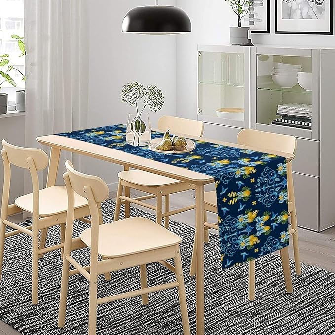 Lemon Fruit Table Runner Nature Bow Farmhouse Talavera Ethnic Folk Rustic Birds Aesthetic Dining Table Decoration for Home Holiday Party Dresser Kitchen Cabin Restaurant Wedding Decor 13×60in