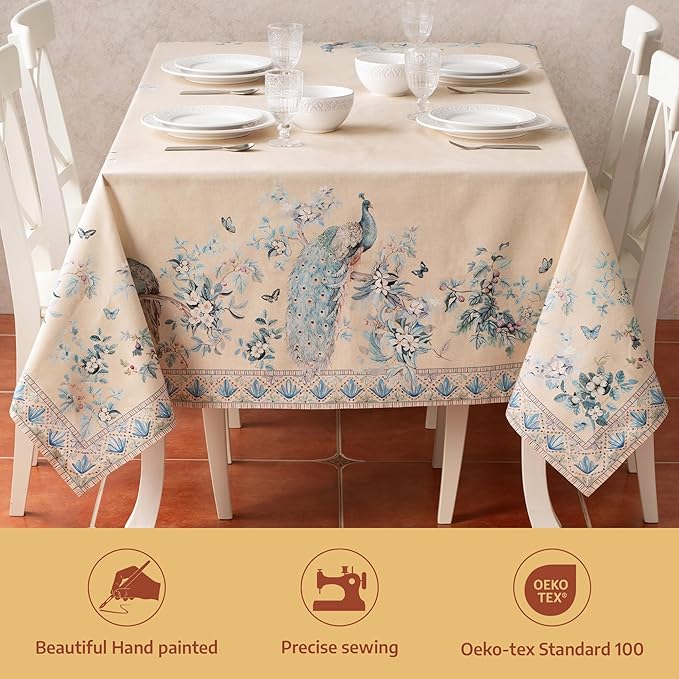 Maison d' Hermine Premium Table Cloth Square Table 100% Combed Cotton 70 x 70 Inches Tablecloth Reusable Decorative for Dining Room, Farmhouse, Party, Festive & Wedding - Peacock Utopia - Sandy Beach