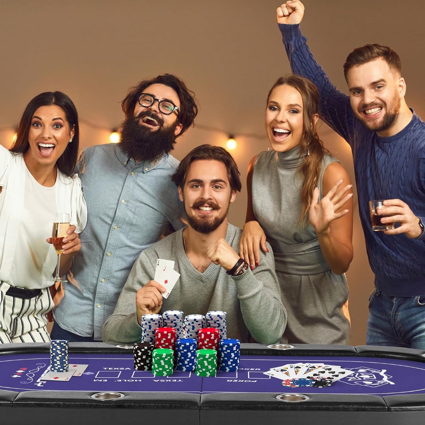 8 Player Poker Table Foldable, Texas Holdem Casino Table with Padded Rails & Cup Holders, Portable Folding Game Table for Home or Game Room, 71 Inch