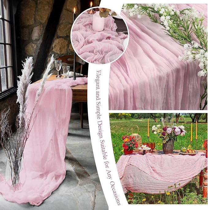 20 Packs Cheesecloth Table Runner 10FT Long Boho Gauze Fabric Table Runner Vintage Rustic Sheer Runners for Wedding Party Bridal Baby Shower Table Decorations (Light Pink)