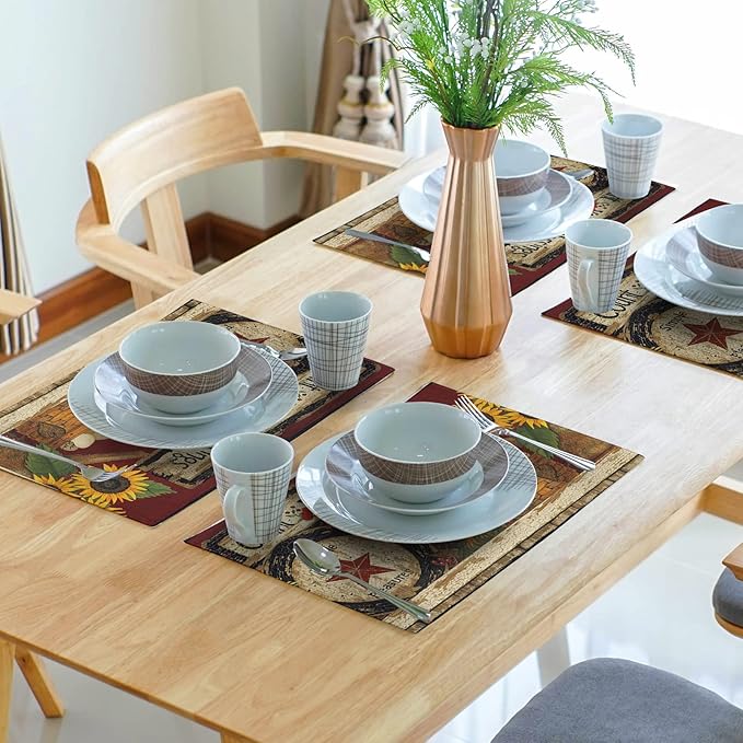 Giwawa Vintage Rooster Placemats Set of 4 Farmhouse Chicken Linen Table Mat Rustic Country Style Farm Animal Print Heat Resistant Non-Slip Washable Place Mats for Dining Kitchen Party Decor