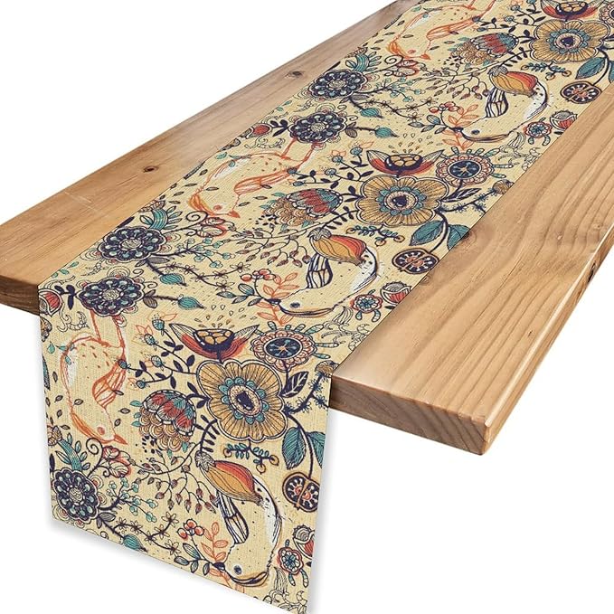 Beige Paisley Table Runner, Rustic Damask Antique Floral Flower Retro Boho Swirled Pattern Print Vintage Table Center Decor for Family Kitchen and Living Room Indoor Table Decorations, 13" X 90"