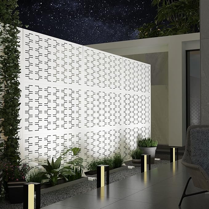 Elevens Free Decorative Privacy Screen with Stand, Outdoor Decor Privacy Fence Screen Metal Fence Panels, Outdoor Divider for Garden Patio Backyard, White-Brick (A-GE04009)