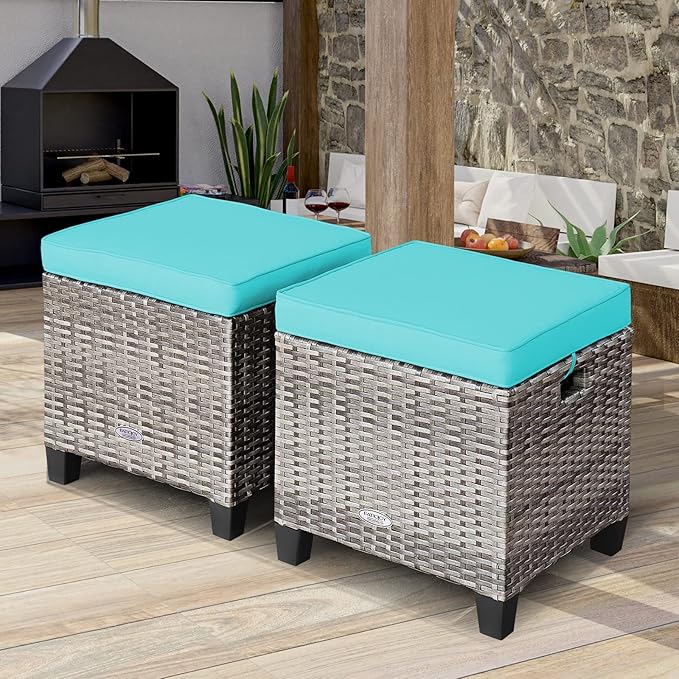 Tangkula 2 Pieces Patio Rattan Ottomans, Outdoor Wicker Footstool Footrest Seat with Soft Cushions and Steel Frame, All-Weather Patio Ottoman Set for Backyard Garden Poolside