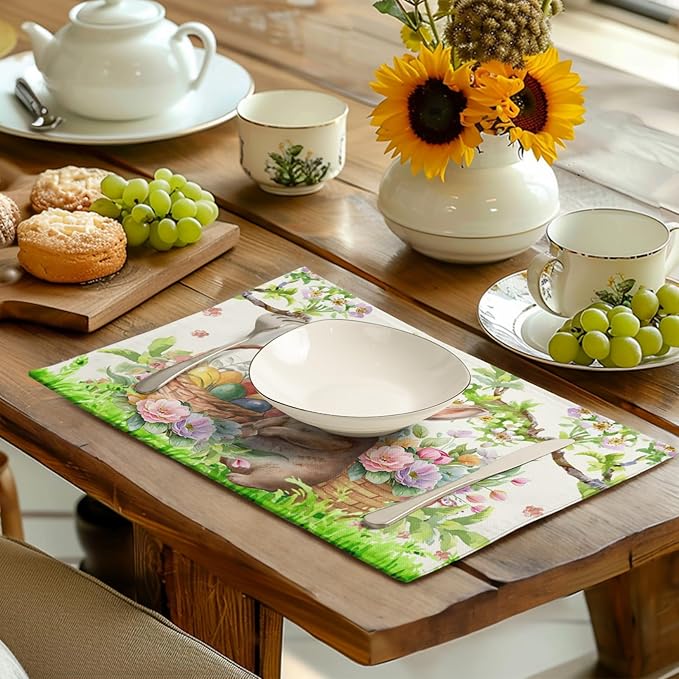 Easter Rabbit Placemats Set of 4 Spring Easter Egg Bunny Flowers Floral Place Mat 12x18 Inch Seasonal Farmhouse Linen Fabric Table Mats for Kitchen Dining Outdoor Indoor Easter Party Decoration