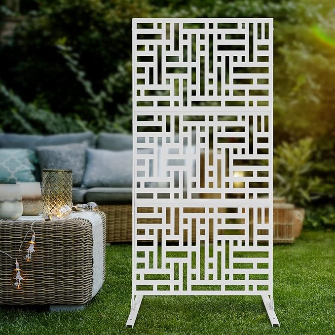 Privacy Screen, 35.4" W x 74.4" H Metal Outdoor Decorative Privacy Screen Outdoor Freestanding Divider with Stand Black for Patio Garden Balcony Backyard