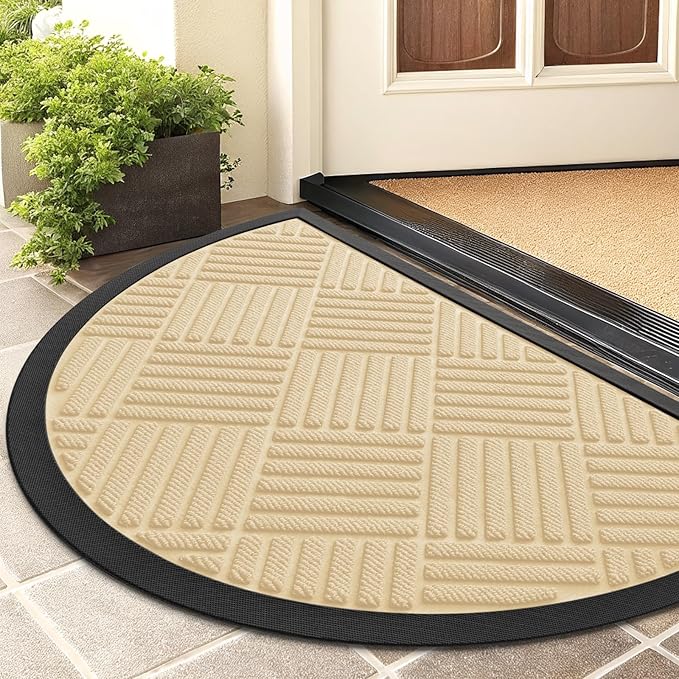 Smiry Half Circle Front Door Mat Outside Entrance, Heavy Duty Outdoor Indoor Natural Rubber Doormat, Non Slip, Trap Dirt and Moisture, Easy Clean, Low Profile Patio Porch Entryway Mat, 29.5x17, Beige