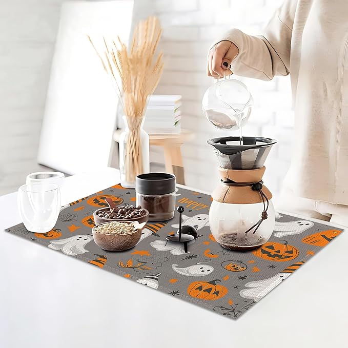 Placemats Set of 6,Pumpking Ghost Table Mats,Halloween Washable Linen Table Mats,Non-Slip Heat Resistant Placemats for Party Kitchen Dining Indoor Outdoor 12"x18"