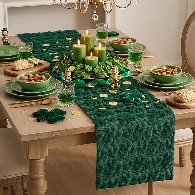 Artoid Mode Green Soft Plush Faux Fur Jacquard Heart Clover St. Patrick's Day Table Runner, Seasonal Kitchen Dining Table Decoration for Home Party Decor 13x108 Inch