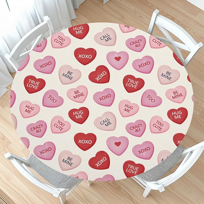 Valentines Day Round Fitted Tablecloth with Elastic Pink Red Love Hearts Circle Table Cloth for 36-40" Round Tables Wipeable Waterproof Valentines Decorative Table Cover for Picnic Dining Party Decor