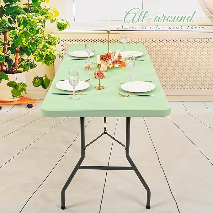 10 Pack Stretch Fabric Table Top Cap Cover, Sage Green Table Covers fits 6Ft Tables, Washable Elastic Universal Rectangle Tablecloth Protector for Indoor Outdoor Party Picnic Wedding (30" W x 72" L)