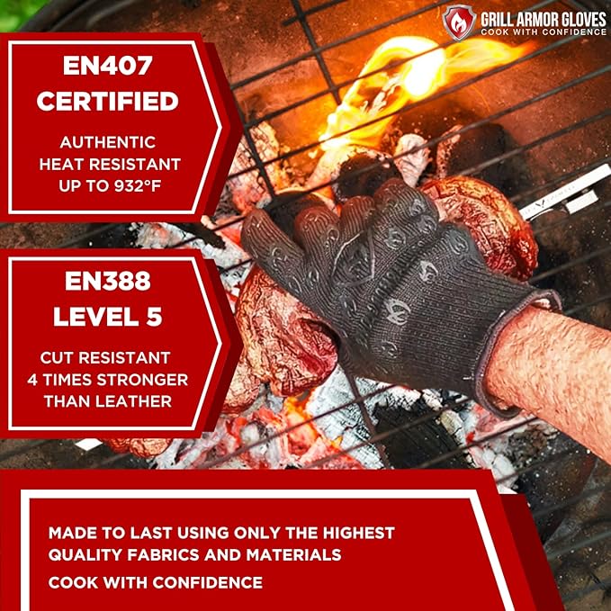 Grill Armor Oven Gloves – 932°F Heat, Fire & Cut Resistant Mitts for BBQ, Grill, Cooking, Grilling, Baking, Smoker & Fire Pit