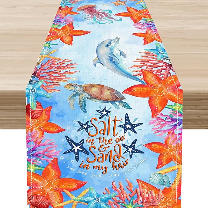 Summer Ocean Table Runner, Blue Sea Coastal Nautical Starfish Turtle Dolphin Seashell Undersea Table Runner Seasonal Holiday Home Kitchen Dining Table for Home Party Decor 13"x108"
