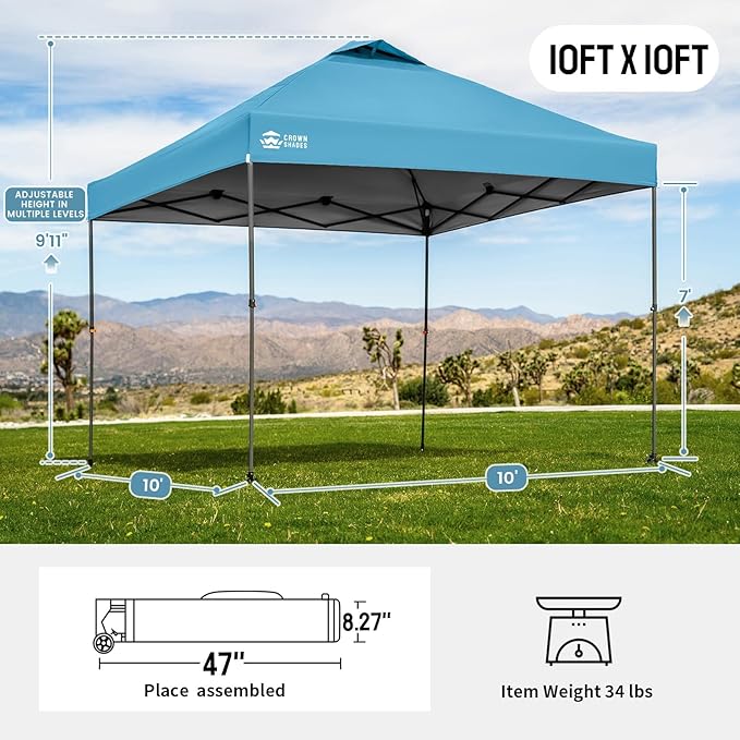 CROWN SHADES Adjustable Height on The Fly, 10x10 Pop Up Canopy - Beach Tent with One Push Setup - Easy Outdoor Sun Shade for Events, Parties, Camping - Outside Shade with STO-N-Go Bag, Cyan Blue